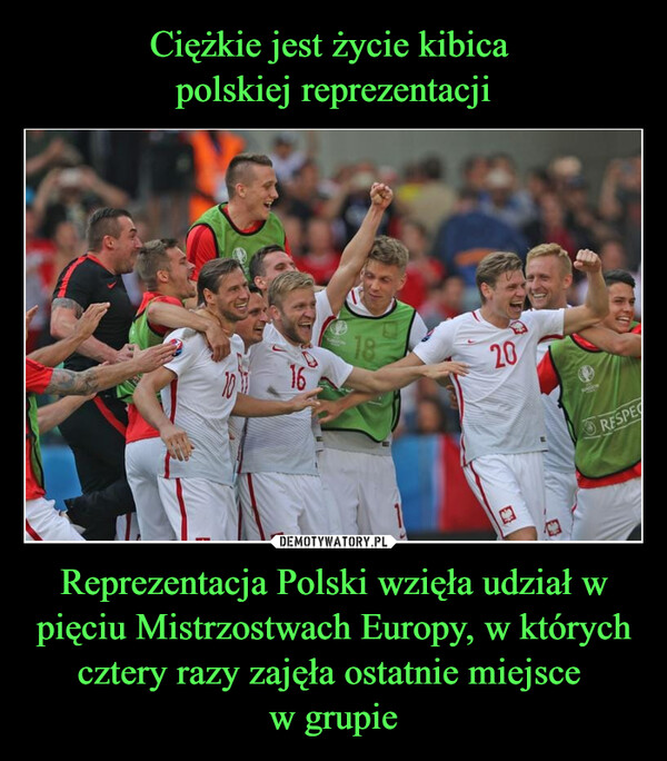 Reprezentacja Polski wzięła udział w pięciu Mistrzostwach Europy, w których cztery razy zajęła ostatnie miejsce w grupie –  1620RESPEC