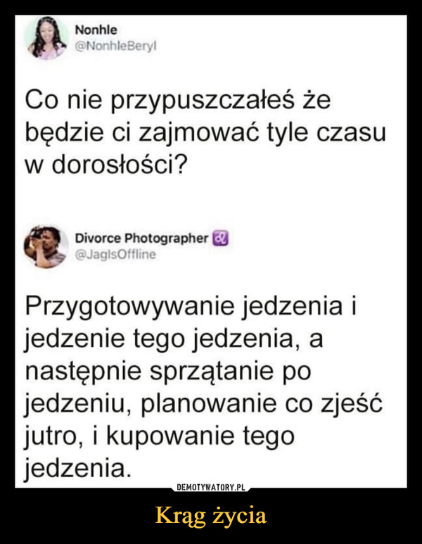 Krąg życia –  Nonhle@NonhleBerylCo nie przypuszczałeś żebędzie ci zajmować tyle czasuw dorosłości?Divorce Photographer &@JaglsOfflinePrzygotowywanie jedzenia ijedzenie tego jedzenia, anastępnie sprzątanie pojedzeniu, planowanie co zjeśćjutro, i kupowanie tegojedzenia.