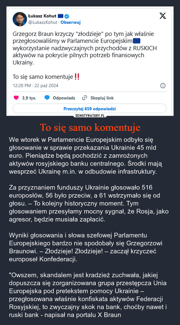 To się samo komentuje – We wtorek w Parlamencie Europejskim odbyło się głosowanie w sprawie przekazania Ukrainie 45 mld euro. Pieniądze będą pochodzić z zamrożonych aktywów rosyjskiego banku centralnego. Środki mają wesprzeć Ukrainę m.in. w odbudowie infrastruktury.Za przyznaniem funduszy Ukrainie głosowało 516 europosłów, 56 było przeciw, a 61 wstrzymało się od głosu. – To kolejny historyczny moment. Tym głosowaniem przesyłamy mocny sygnał, że Rosja, jako agresor, będzie musiała zapłacić. Wyniki głosowania i słowa szefowej Parlamentu Europejskiego bardzo nie spodobały się Grzegorzowi Braunowi. – Złodzieje! Złodzieje! – zaczął krzyczeć europoseł Konfederacji."Owszem, skandalem jest kradzież zuchwała, jakiej dopuszcza się zorganizowana grupa przestępcza Unia Europejska pod pretekstem pomocy Ukrainie – przegłosowana właśnie konfiskata aktywów Federacji Rosyjskiej, to zwyczajny skok na bank, choćby nawet i ruski bank - napisał na portalu X Braun Łukasz Kohut@LukaszKohut. ObserwujGrzegorz Braun krzyczy "złodzieje" po tym jak właśnieprzegłosowaliśmy w Parlamencie Europejskimwykorzystanie nadzwyczajnych przychodów z RUSKICHaktywów na pokrycie pilnych potrzeb finansowychUkrainy.To się samo komentuje !!12:28 PM - 22 paź 20243,9 tys.Odpowiedz Skopiuj linkPrzeczytaj 659 odpowiedziX