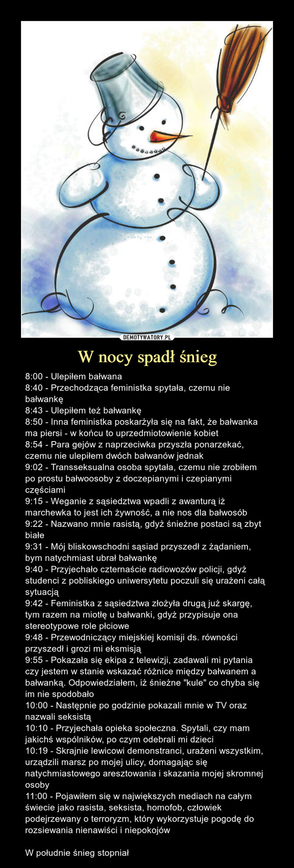 W nocy spadł śnieg – 8:00 - Ulepiłem bałwana8:40 - Przechodząca feministka spytała, czemu nie bałwankę8:43 - Ulepiłem też bałwankę8:50 - Inna feministka poskarżyła się na fakt, że bałwanka ma piersi - w końcu to uprzedmiotowienie kobiet8:54 - Para gejów z naprzeciwka przyszła ponarzekać, czemu nie ulepiłem dwóch bałwanów jednak9:02 - Transseksualna osoba spytała, czemu nie zrobiłem po prostu bałwoosoby z doczepianymi i czepianymi częściami9:15 - Weganie z sąsiedztwa wpadli z awanturą iż marchewka to jest ich żywność, a nie nos dla bałwosób9:22 - Nazwano mnie rasistą, gdyż śnieżne postaci są zbyt białe9:31 - Mój bliskowschodni sąsiad przyszedł z żądaniem, bym natychmiast ubrał bałwankę9:40 - Przyjechało czternaście radiowozów policji, gdyż studenci z pobliskiego uniwersytetu poczuli się urażeni całą sytuacją 9:42 - Feministka z sąsiedztwa złożyła drugą już skargę, tym razem na miotłę u bałwanki, gdyż przypisuje ona stereotypowe role płciowe9:48 - Przewodniczący miejskiej komisji ds. równości przyszedł i grozi mi eksmisją9:55 - Pokazała się ekipa z telewizji, zadawali mi pytania czy jestem w stanie wskazać różnice między bałwanem a bałwanką. Odpowiedziałem, iż śnieżne "kule" co chyba się im nie spodobało10:00 - Następnie po godzinie pokazali mnie w TV oraz nazwali seksistą10:10 - Przyjechała opieka społeczna. Spytali, czy mam jakichś wspólników, po czym odebrali mi dzieci10:19 - Skrajnie lewicowi demonstranci, urażeni wszystkim, urządzili marsz po mojej ulicy, domagając się natychmiastowego aresztowania i skazania mojej skromnej osoby11:00 - Pojawiłem się w największych mediach na całym świecie jako rasista, seksista, homofob, człowiek podejrzewany o terroryzm, który wykorzystuje pogodę do rozsiewania nienawiści i niepokojówW południe śnieg stopniał 8:00- Ulepiłem bałwana8:40- Przechodząca feministka spytała, czemu nie bałwankę8:43- Ulepiłem też bałwankę8:50- Inna feministka poskarżyła się na fakt, że bałwanka ma piersi - w końcu to uprzedmiotowienie kobiet8:54- Para gejów z naprzeciwka przyszła ponarzekać, czemu nie ulepiłem dwóch bałwanów jednak9:02- Transseksualna osoba spytała, czemu nie zrobiłem po prostu bałwoosoby z doczepianymi i czepianymi częściami9:15- Weganie z sąsiedztwa wpadli z awanturą iż marchewka to jest ich żywność, a nie nos dla bałwosób9:22- Nazwano mnie rasistą, gdyż śnieżne postaci są zbyt białe9:31- Mój bliskowschodni sąsiad przyszedł z żądaniem, bym natychmiast ubrał bałwankę9:40- Przyjechało czternaście radiowozów policji, gdyż studenci z pobliskiego uniwersytetu poczuli się urażeni całą sytuacją 9:42- Feministka z sąsiedztwa złożyła drugą już skargę, tym razem na miotłę u bałwanki, gdyż przypisuje ona stereotypowe role płciowe9:48- Przewodniczący miejskiej komisji ds. równości przyszedł i grozi mi eksmisją9:55- Pokazała się ekipa z telewizji, zadawali mi pytania czy jestem w stanie wskazać różnice między bałwanem a bałwanką. Odpowiedziałem, iż śnieżne "kule" co chyba się im nie spodobało10:00- Następnie po godzinie pokazali mnie w TV oraz nazwali seksistą10:10- Przyjechała opieka społeczna. Spytali, czy mam jakichś wspólników, po czym odebrali mi dzieci10:19- Skrajnie lewicowi demonstranci, urażeni wszystkim, urządzili marsz po mojej ulicy, domagając się natychmiastowego aresztowania i skazania mojej skromnej osoby11:00- Pojawiłem się w największych mediach na całym świecie jako rasista, seksista, homofob, człowiek podejrzewany o terroryzm, którywykorzystuje pogodę do rozsiewania nienawiści i niepokojów. W południe śnieg stopniał