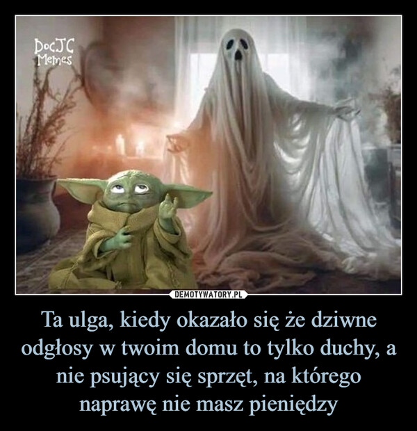 Ta ulga, kiedy okazało się że dziwne odgłosy w twoim domu to tylko duchy, a nie psujący się sprzęt, na którego naprawę nie masz pieniędzy –  DocJCMemes