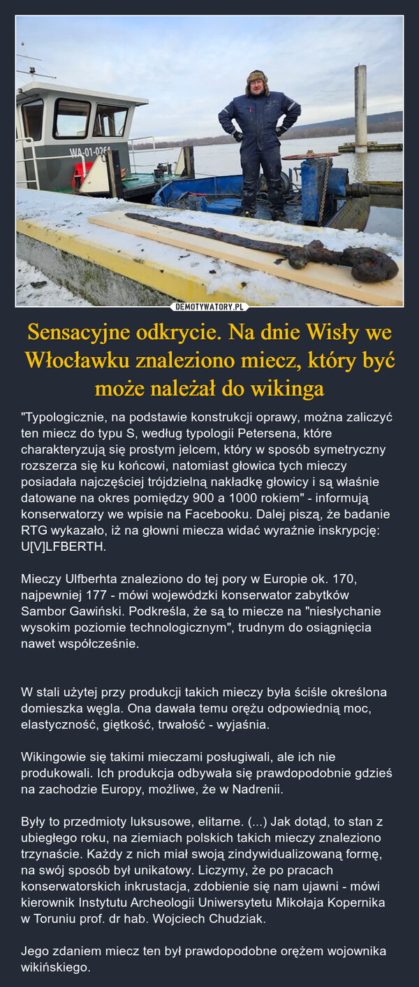 Sensacyjne odkrycie. Na dnie Wisły we Włocławku znaleziono miecz, który być może należał do wikinga – "Typologicznie, na podstawie konstrukcji oprawy, można zaliczyć ten miecz do typu S, według typologii Petersena, które charakteryzują się prostym jelcem, który w sposób symetryczny rozszerza się ku końcowi, natomiast głowica tych mieczy posiadała najczęściej trójdzielną nakładkę głowicy i są właśnie datowane na okres pomiędzy 900 a 1000 rokiem" - informują konserwatorzy we wpisie na Facebooku. Dalej piszą, że badanie RTG wykazało, iż na głowni miecza widać wyraźnie inskrypcję: U[V]LFBERTH.Mieczy Ulfberhta znaleziono do tej pory w Europie ok. 170, najpewniej 177 - mówi wojewódzki konserwator zabytków Sambor Gawiński. Podkreśla, że są to miecze na "niesłychanie wysokim poziomie technologicznym", trudnym do osiągnięcia nawet współcześnie. W stali użytej przy produkcji takich mieczy była ściśle określona domieszka węgla. Ona dawała temu orężu odpowiednią moc, elastyczność, giętkość, trwałość - wyjaśnia. Wikingowie się takimi mieczami posługiwali, ale ich nie produkowali. Ich produkcja odbywała się prawdopodobnie gdzieś na zachodzie Europy, możliwe, że w Nadrenii. Były to przedmioty luksusowe, elitarne. (...) Jak dotąd, to stan z ubiegłego roku, na ziemiach polskich takich mieczy znaleziono trzynaście. Każdy z nich miał swoją zindywidualizowaną formę, na swój sposób był unikatowy. Liczymy, że po pracach konserwatorskich inkrustacja, zdobienie się nam ujawni - mówi kierownik Instytutu Archeologii Uniwersytetu Mikołaja Kopernika w Toruniu prof. dr hab. Wojciech Chudziak. Jego zdaniem miecz ten był prawdopodobne orężem wojownika wikińskiego. EWA-01-026F