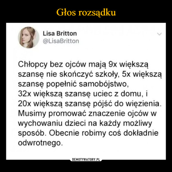  –  Lisa Britton@LisaBrittonChłopcy bez ojców mają 9x większąszansę nie skończyć szkoły, 5x większąszansę popełnić samobójstwo,32x większą szansę uciec z domu, i20x większą szansę pójść do więzienia.Musimy promować znaczenie ojców wwychowaniu dzieci na każdy możliwysposób. Obecnie robimy coś dokładnieodwrotnego.