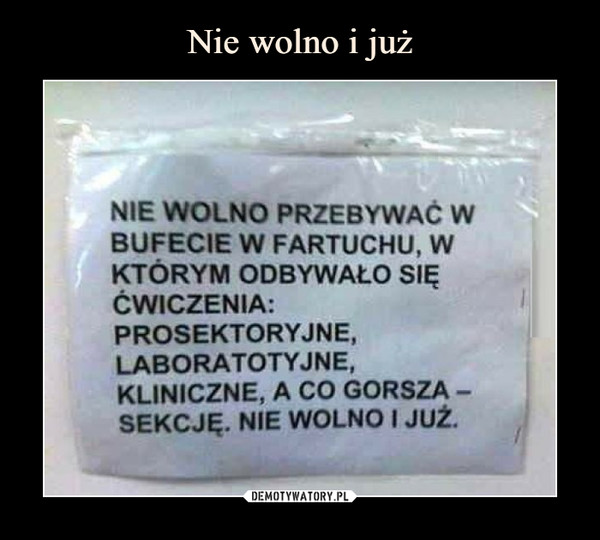  –  NIE WOLNO PRZEBYWAC W BUFECIE W FARTUCHU, W KTÓRYM ODBYWAŁO SIĘ ĆWICZENIA: PROSEKTORYJNE, LABORATOTYJNE, KLINICZNE, A CO GORSZA -SEKCJĘ. NIE WOLNO I JUŻ. 