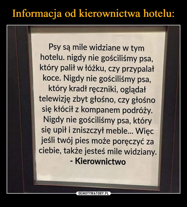  –  Psy są mile widziane w tym hotelu. nigdy nie gościliśmy psa, który palił w łóżku, czy przypalał koce. Nigdy nie gościliśmy psa, który kradł ręczniki, oglądał telewizję zbyt głośno, czy głośno się kłócił z kompanem podróży. Nigdy nie gościliśmy psa, który się upił i zniszczył meble... Więc jeśli twój pies może poręczyć za ciebie, także jesteś mile widziany. - Kierownictwo