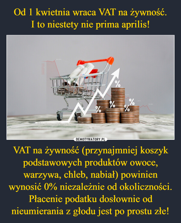 VAT na żywność (przynajmniej koszyk podstawowych produktów owoce, warzywa, chleb, nabiał) powinien wynosić 0% niezależnie od okoliczności. Płacenie podatku dosłownie od nieumierania z głodu jest po prostu złe! –  3,255-4,6461,203879-9,643-6,436-6,457-7,687365,654-5,25520222015%332%%10,435%%201319,580