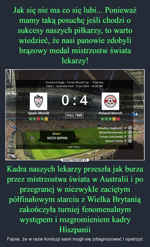 Kadra naszych lekarzy przeszła jak burza przez mistrzostwa świata w Australii i po przegranej w niezwykle zaciętym półfinałowym starciu z Wielka Brytanią zakończyła turniej fenomenalnym występem i rozgromieniem kadry Hiszpanii – Fajnie, że w razie kontuzji sami mogli się zdiagnozować i opatrzyć Knockout Stage - Ferran Morell Cup | Final dayField 1 - Australia Park | 27 Jul 2024 - 10:30 AM0:4Spain MorellFULL TIMEGM1MMLVBETNASZA KOPANAHalf Time: -POLISHMEDICALPoland MorellWWWDLArkadiusz Godlewski 0'Michał Bondarenko 0'Tomasz Sobolewski 0'Mariusz Dotka 0'