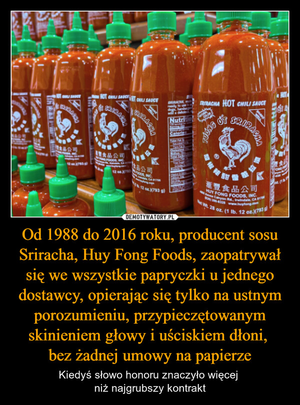 Od 1988 do 2016 roku, producent sosu Sriracha, Huy Fong Foods, zaopatrywał się we wszystkie papryczki u jednego dostawcy, opierając się tylko na ustnym porozumieniu, przypieczętowanym skinieniem głowy i uściskiem dłoni, bez żadnej umowy na papierze – Kiedyś słowo honoru znaczyło więcej niż najgrubszy kontrakt LISAUCERIRACHAHOT CHILI SAUCE CHILI SAUCEFRIRACHAGRIRACHA健食品公司優健食品公司FOODS INCDRIRACHAreadyNutritioCalorieSRIRACHA HOT CHILI SAUCESuppSRIRACHA食品公司NADOS INCCA 917912 oz 793 g)滙豐食品公司HUY FONG FOODS, INC.kauss Canyon Rd., Irwindale, CA 912206-4328 www.huyfong.comWt. 28 oz. (1 lb. 12 oz.)(793