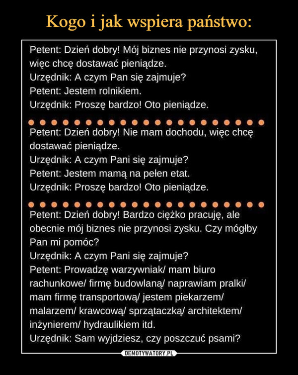  –  Petent: Dzień dobry! Mój biznes nie przynosi zysku,więc chcę dostawać pieniądze.Urzędnik: A czym Pan się zajmuje?Petent: Jestem rolnikiem.Urzędnik: Proszę bardzo! Oto pieniądze.Petent: Dzień dobry! Nie mam dochodu, więc chcędostawać pieniądze.Urzędnik: A czym Pani się zajmuje?Petent: Jestem mamą na pełen etat.Urzędnik: Proszę bardzo! Oto pieniądze.Petent: Dzień dobry! Bardzo ciężko pracuję, aleobecnie mój biznes nie przynosi zysku. Czy mógłbyPan mi pomóc?Urzędnik: A czym Pani się zajmuje?Petent: Prowadzę warzywniak/ mam biurorachunkowe/ firmę budowlaną/ naprawiam pralki/mam firmę transportową/ jestem piekarzem/malarzem/ krawcową/ sprzątaczką/ architektem/inżynierem/ hydraulikiem itd.Urzędnik: Sam wyjdziesz, czy poszczuć psami?