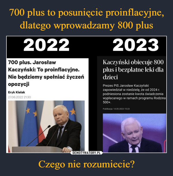 Czego nie rozumiecie? –  2022700 plus. JarosławKaczyński: To proinflacyjne.Nie będziemy spełniać życzeńopozycjiEryk Kielak27.06.2022 21:302023Kaczyński obiecuje 800plus i bezpłatne leki dladzieciPrezes PiS Jarosław Kaczyńskizapowiedział w niedzielę, że od 2024 r.podniesiona zostanie kwota świadczeniawypłacanego w ramach programu Rodzina500+.Publikacja: 14.05.2023 15:23