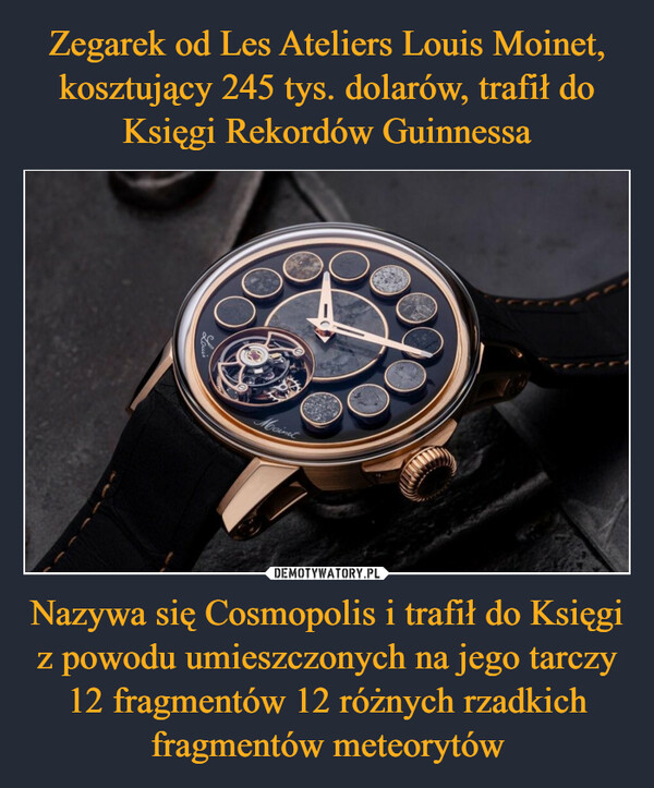 Nazywa się Cosmopolis i trafił do Księgi z powodu umieszczonych na jego tarczy 12 fragmentów 12 różnych rzadkich fragmentów meteorytów –  LaLouisпиподр