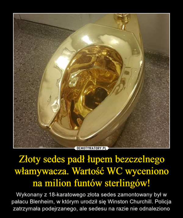 Złoty sedes padł łupem bezczelnego włamywacza. Wartość WC wycenionona milion funtów sterlingów! – Wykonany z 18-karatowego złota sedes zamontowany był w pałacu Blenheim, w którym urodził się Winston Churchill. Policja zatrzymała podejrzanego, ale sedesu na razie nie odnaleziono 