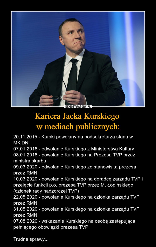 Kariera Jacka Kurskiego w mediach publicznych: – 20.11.2015 - Kurski powołany na podsekretarza stanu w MKiDN07.01.2016 - odwołanie Kurskiego z Ministerstwa Kultury08.01.2016 - powołanie Kurskiego na Prezesa TVP przez ministra skarbu09.03.2020 - odwołanie Kurskiego ze stanowiska prezesa przez RMN10.03.2020 - powołanie Kurskiego na doradcę zarządu TVP i przejęcie funkcji p.o. prezesa TVP przez M. Łopińskiego (członek rady nadzorczej TVP)22.05.2020 - powołanie Kurskiego na członka zarządu TVP przez RMN31.05.2020 - powołanie Kurskiego na członka zarządu TVP przez RMN07.08.2020 - wskazanie Kurskiego na osobę zastępująca pełniącego obowiązki prezesa TVP Trudne sprawy... 