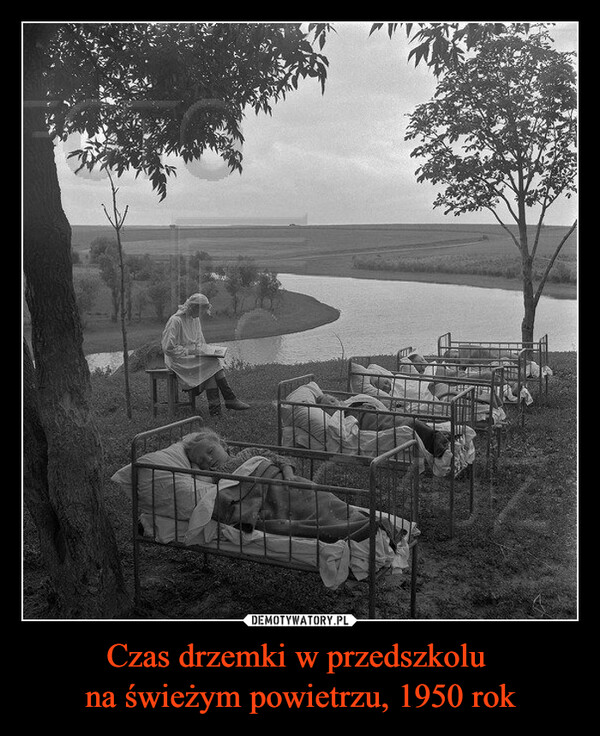 Czas drzemki w przedszkolu na świeżym powietrzu, 1950 rok –  