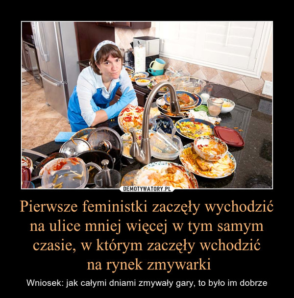 Pierwsze feministki zaczęły wychodzić na ulice mniej więcej w tym samym czasie, w którym zaczęły wchodzić na rynek zmywarki – Wniosek: jak całymi dniami zmywały gary, to było im dobrze 