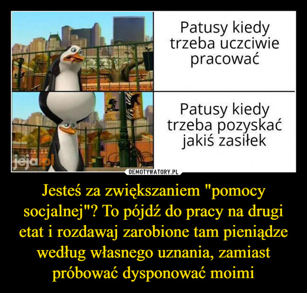 Jesteś za zwiększaniem "pomocy socjalnej"? To pójdź do pracy na drugi etat i rozdawaj zarobione tam pieniądze według własnego uznania, zamiast próbować dysponować moimi –  jeja.plPatusy kiedytrzeba uczciwiepracowaćPatusy kiedytrzeba pozyskaćjakiś zasiłek