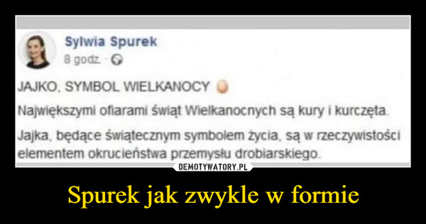 Spurek jak zwykle w formie –  Sylwia Spurek8 godzJAJKO, SYMBOL WIELKANOCYNajwiększymi ofiarami świąt Wielkanocnych są kury i kurczęta.Jajka, będące świątecznym symbolem życia, są w rzeczywistościelementem okrucieństwa przemysłu drobiarskiego.