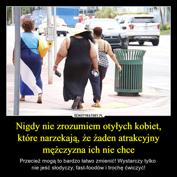 Nigdy nie zrozumiem otyłych kobiet, które narzekają, że żaden atrakcyjny mężczyzna ich nie chce – Przecież mogą to bardzo łatwo zmienić! Wystarczy tylko nie jeść słodyczy, fast-foodów i trochę ćwiczyć! 