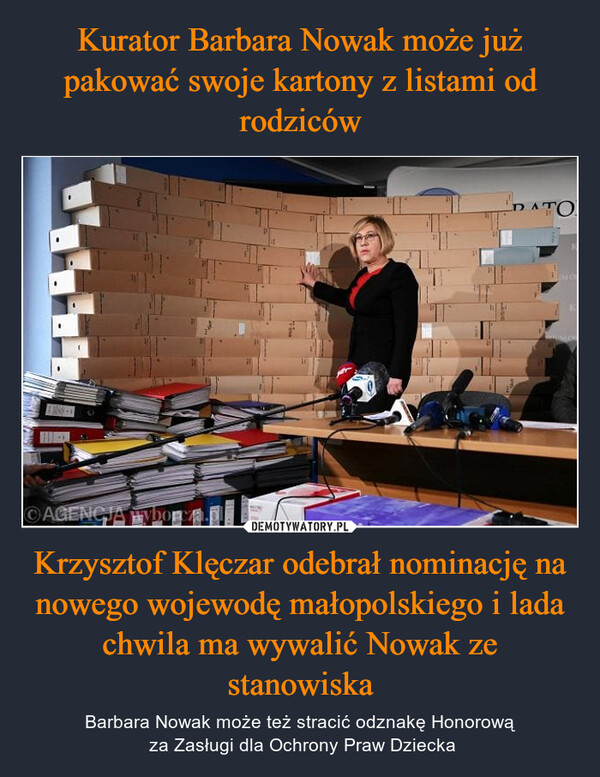 Krzysztof Klęczar odebrał nominację na nowego wojewodę małopolskiego i lada chwila ma wywalić Nowak ze stanowiska – Barbara Nowak może też stracić odznakę Honorową za Zasługi dla Ochrony Praw Dziecka Ο AGENCTA E7-1DATOListo