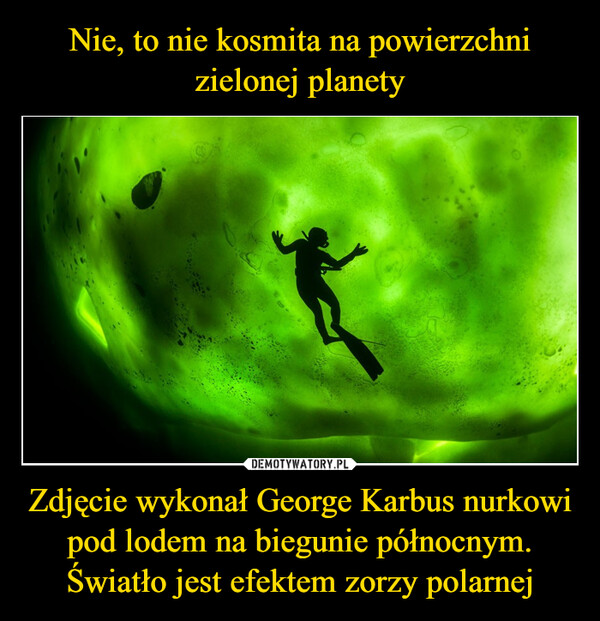 Zdjęcie wykonał George Karbus nurkowi pod lodem na biegunie północnym. Światło jest efektem zorzy polarnej –  