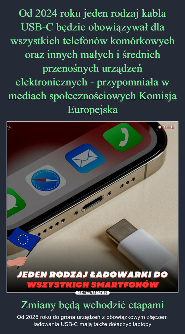 Zmiany będą wchodzić etapami – Od 2026 roku do grona urządzeń z obowiązkowym złączem ładowania USB-C mają także dołączyć laptopy TPNJEDEN RODZAJ ŁADOWARKI DOWSZYSTKICH SMARTFONÓW