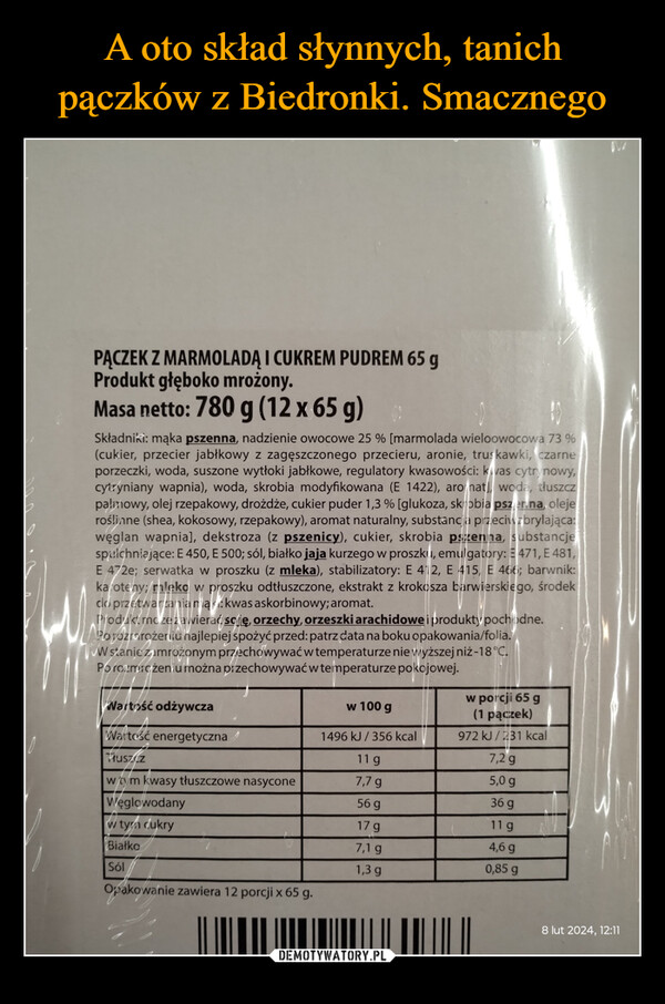  –  PĄCZEK Z MARMOLADĄ I CUKREM PUDREM 65 gProdukt głęboko mrożony.Masa netto: 780 g (12 x 65 g)10Składniki: mąka pszenna, nadzienie owocowe 25 % [marmolada wieloowocowa 73 %(cukier, przecier jabłkowy z zagęszczonego przecieru, aronie, truskawki, czarneporzeczki, woda, suszone wytłoki jabłkowe, regulatory kwasowości: kwas cytrynowy,cytryniany wapnia), woda, skrobia modyfikowana (E 1422), aromat], woda, tłuszczpalmowy, olej rzepakowy, drożdże, cukier puder 1,3% [glukoza, skrobia pszer.na, olejeroślinne (shea, kokosowy, rzepakowy), aromat naturalny, substanca przeciwzbrylająca:węglan wapnia], dekstroza (z pszenicy), cukier, skrobia pszenna, substancjespulchniające: E450, E 500; sól, białko jaja kurzego w proszku, emulgatory: E471, E 481,E 472e; serwatka w proszku (z mleka), stabilizatory: E 412, E 415, E 466; barwnik:karoteny; mleko w proszku odtłuszczone, ekstrakt z krokosza barwierskiego, środekdo przetwarzanja nak: kwas askorbinowy; aromat.Produkt rnc ze zawierać soję, orzechy, orzeszki arachidowe i produkty pochodne.Povozrorožeruú najlepiej spożyć przed: patrz data na boku opakowania/folia.W stanie zamrożonym przechowywać w temperaturze nie wyższej niż-18 °C.Po rozmrożeniu można przechowywać w temperaturze pokojowej.Wartość odżywczaWartość energetycznaTłuszczw tym kwasy tłuszczowe nasyconeWęglowodanyw tym cukryBiałkoSólOpakowanie zawiera 12 porcji x 65 g.w 100 g1496 kJ/ 356 kcal11 g7,7 g56 g17 g7,1 g1,3 gw porcji 65 g(1 pączek)972 kJ/231 kcal7,2g5,0 g36 g11 g4,6 g0,85 g8 lut 2024, 12:11