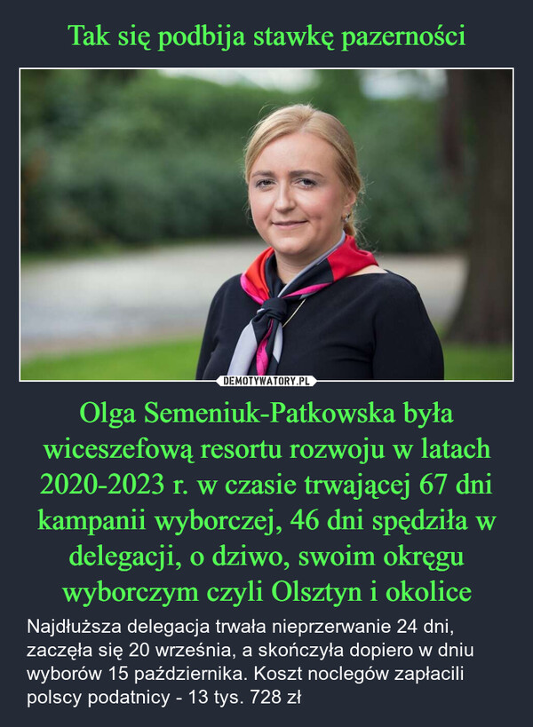 Olga Semeniuk-Patkowska była wiceszefową resortu rozwoju w latach 2020-2023 r. w czasie trwającej 67 dni kampanii wyborczej, 46 dni spędziła w delegacji, o dziwo, swoim okręgu wyborczym czyli Olsztyn i okolice – Najdłuższa delegacja trwała nieprzerwanie 24 dni, zaczęła się 20 września, a skończyła dopiero w dniu wyborów 15 października. Koszt noclegów zapłacili polscy podatnicy - 13 tys. 728 zł 