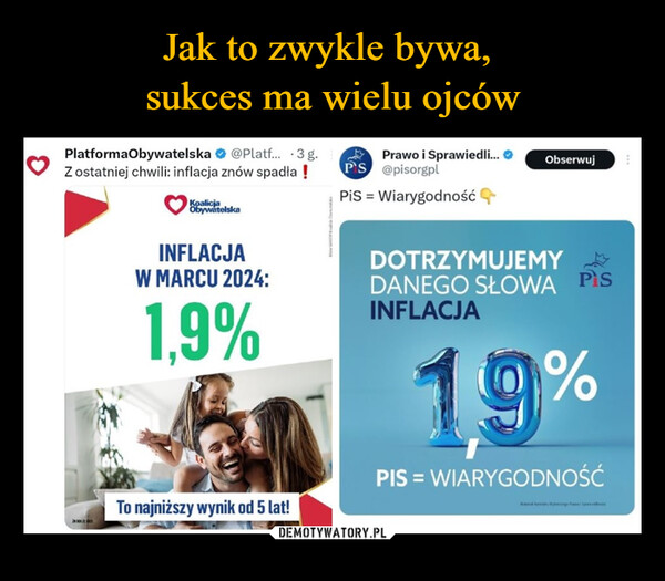  –  PlatformaObywatelska @Platf... .3g.Z ostatniej chwili: inflacja znów spadła !KoalicjaObywatelskaPSPrawo i Sprawiedli...@pisorgplObserwujPiS = WiarygodnośćINFLACJAW MARCU 2024:1,9%To najniższy wynik od 5 lat!MateDOTRZYMUJEMYDANEGO SŁOWA PisINFLACJA1.9%PIS = WIARYGODNOŚĆ