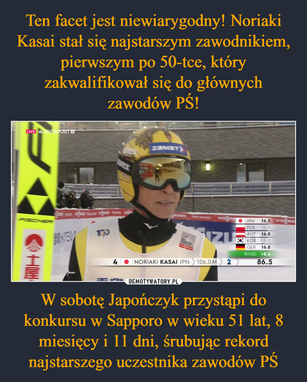 W sobotę Japończyk przystąpi do konkursu w Sapporo w wieku 51 lat, 8 miesięcy i 11 dni, śrubując rekord najstarszego uczestnika zawodów PŚ –  LIVE EUROSPORTFHIGHko vgfu Hon vafansBANTEN4wexZAMSTMANN HarVIE MAIZUNORIAKI KASAI JPN 106.0 M2JPN16.5 VIE MAIPOL16.5AUT16.0KOR 15.5GER 16.0WIND: +8.686.5