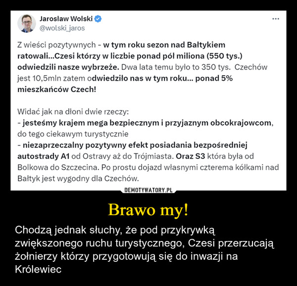 Brawo my! – Chodzą jednak słuchy, że pod przykrywką zwiększonego ruchu turystycznego, Czesi przerzucają żołnierzy którzy przygotowują się do inwazji na Królewiec Jarosław Wolski@wolski_jarosZ wieści pozytywnych - w tym roku sezon nad Bałtykiemratowali...Czesi którzy w liczbie ponad pół miliona (550 tys.)odwiedzili nasze wybrzeże. Dwa lata temu było to 350 tys. Czechówjest 10,5mln zatem odwiedziło nas w tym roku... ponad 5%mieszkańców Czech!Widać jak na dłoni dwie rzeczy:- jesteśmy krajem mega bezpiecznym i przyjaznym obcokrajowcom,do tego ciekawym turystycznie- niezaprzeczalny pozytywny efekt posiadania bezpośredniejautostrady A1 od Ostravy aż do Trójmiasta. Oraz S3 która była od...Bolkowa do Szczecina. Po prostu dojazd własnymi czterema kółkami nadBałtyk jest wygodny dla Czechów.