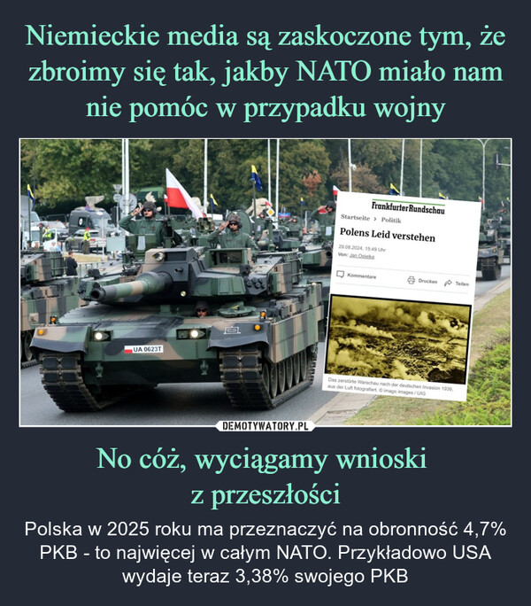 No cóż, wyciągamy wnioski z przeszłości – Polska w 2025 roku ma przeznaczyć na obronność 4,7% PKB - to najwięcej w całym NATO. Przykładowo USA wydaje teraz 3,38% swojego PKB UA 0623TOFrankfurter RundschauStartseite > PolitikPolens Leid verstehen29.08.2024, 15:49 UhrVon: Jan OpielkaKommentareDruckenTeilenDas zerstörte Warschau nach der deutschen Invasion 1939,aus der Luft fotografiert. imago images/UIG