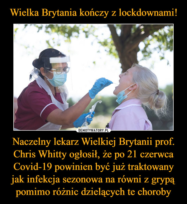 Naczelny lekarz Wielkiej Brytanii prof. Chris Whitty ogłosił, że po 21 czerwca Covid-19 powinien być już traktowany jak infekcja sezonowa na równi z grypą pomimo różnic dzielących te choroby –  