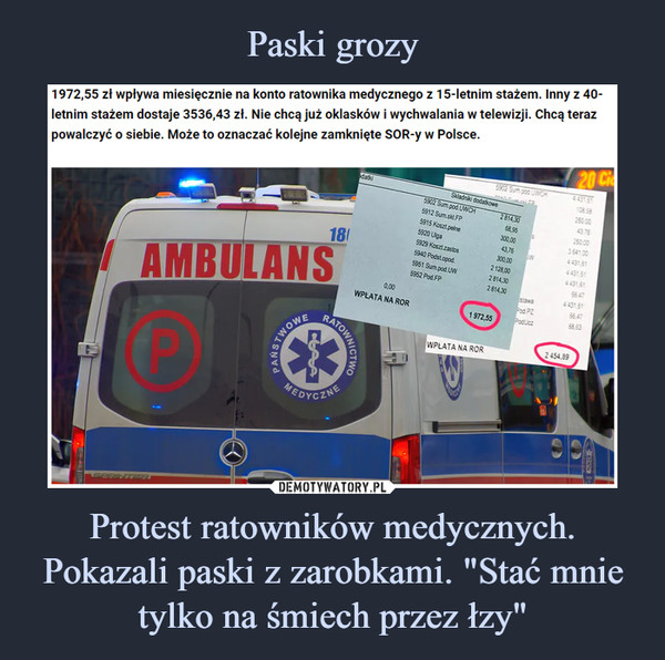 Protest ratowników medycznych. Pokazali paski z zarobkami. "Stać mnie tylko na śmiech przez łzy" –  