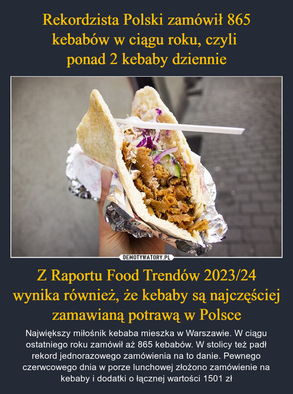 Z Raportu Food Trendów 2023/24 wynika również, że kebaby są najczęściej zamawianą potrawą w Polsce – Największy miłośnik kebaba mieszka w Warszawie. W ciągu ostatniego roku zamówił aż 865 kebabów. W stolicy też padł rekord jednorazowego zamówienia na to danie. Pewnego czerwcowego dnia w porze lunchowej złożono zamówienie na kebaby i dodatki o łącznej wartości 1501 zł 