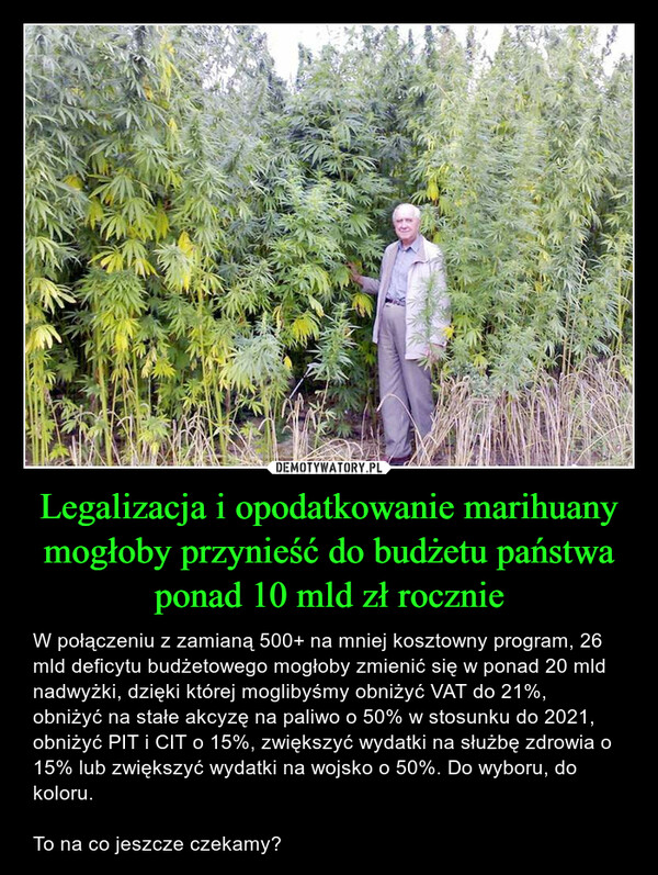 Legalizacja i opodatkowanie marihuany mogłoby przynieść do budżetu państwa ponad 10 mld zł rocznie – W połączeniu z zamianą 500+ na mniej kosztowny program, 26 mld deficytu budżetowego mogłoby zmienić się w ponad 20 mld nadwyżki, dzięki której moglibyśmy obniżyć VAT do 21%, obniżyć na stałe akcyzę na paliwo o 50% w stosunku do 2021, obniżyć PIT i CIT o 15%, zwiększyć wydatki na służbę zdrowia o 15% lub zwiększyć wydatki na wojsko o 50%. Do wyboru, do koloru.To na co jeszcze czekamy? 