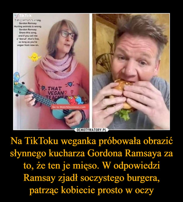 Na TikToku weganka próbowała obrazić słynnego kucharza Gordona Ramsaya za to, że ten je mięso. W odpowiedzi Ramsay zjadł soczystego burgera, patrząc kobiecie prosto w oczy –  