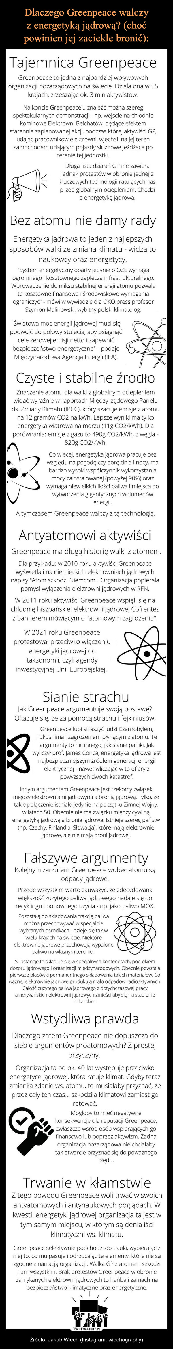  – Źródło: Jakub Wiech (Instagram: wiechography) Tajemnica Greenpeace Greenpeace to jedna z najbardziej wpływowychorganizacji pozarządowych na świecie. Działa ona w 55krajach, zrzeszając ok. 3 mln aktywistów.Na koncie Greenpeace'u znaleźć można szeregspektakularnych demonstracji - np. wejście na chłodniekominowe Elektrowni Bełchatów, będące efektemstarannie zaplanowanej akcji, podczas której aktywiści GP,udając pracowników elektrowni, wjechali na jej terensamochodem udającym pojazdy służbowe jeżdżące poterenie tej jednostki.nonDługa lista działań GP nie zawierajednak protestów w obronie jednej zkluczowych technologii ratujących nasprzed globalnym ociepleniem. Chodzio energetykę jądrową.Bez atomu nie damy radyEnergetyka jądrowa to jeden z najlepszychsposobów walki ze zmianą klimatu - widzą tonaukowcy oraz energetycy."System energetyczny oparty jedynie o OZE wymagaogromnego i kosztownego zaplecza infrastrukturalnego.Wprowadzenie do miksu stabilnej energii atomu pozwalate kosztowne finansowo i środowiskowo wymaganiaograniczyć" - mówi w wywiadzie dla OKO.press profesorSzymon Malinowski, wybitny polski klimatolog."Światowa moc energii jądrowej musi siępodwoić do połowy stulecia, aby osiągnąćcele zerowej emisji netto i zapewnićbezpieczeństwo energetyczne" - podajeMiędzynarodowa Agencja Energii (IEA).Czyste i stabilne źródłoZnaczenie atomu dla walki z globalnym ociepleniemwidać wyraźnie w raportach Międzyrządowego Paneluds. Zmiany klimatu (IPCC), który szacuje emisje z atomuna 12 gramów CO2 na kWh. Lepsze wyniki ma tylkoenergetyka wiatrowa na morzu (11g CO2/kWh). Dlaporównania: emisje z gazu to 490g CO2/kWh, z węgla -820g CO2/kWh.Co więcej, energetyka jądrowa pracuje bezwzględu na pogodę czy porę dnia i nocy, mabardzo wysoki współczynnik wykorzystaniamocy zainstalowanej (powyżej 90%) orazwymaga niewielkich ilości paliwa i miejsca dowytworzenia gigantycznych wolumenówenergii.A tymczasem Greenpeace walczy z tą technologią.Antyatomowi aktywiściGreenpeace ma długą historię walki z atomem.Dla przykładu: w 2010 roku aktywiści Greenpeacewyświetlali na niemieckich elektrowniach jądrowychnapisy "Atom szkodzi Niemcom". Organizacja popierałapomysł wyłączenia elektrowni jądrowych w RFN.W 2011 roku aktywiści Greenpeace wspięli się nachłodnię hiszpańskiej elektrowni jądrowej Cofrentesz bannerem mówiącym o "atomowym zagrożeniu".☆W 2021 roku Greenpeaceprotestował przeciwko włączeniuenergetyki jądrowej dotaksonomii, czyli agendyinwestycyjnej Unii Europejskiej.Sianie strachu8Jak Greenpeace argumentuje swoją postawę?Okazuje się, że za pomocą strachu i fejk niusów.Greenpeace lubi straszyć ludzi Czarnobylem,Fukushimą i zagrożeniem płynącym z atomu. Teargumenty to nic innego, jak sianie paniki. Jakwyliczył prof. James Conca, energetyka jądrowa jestnajbezpieczniejszym źródłem generacji energiielektrycznej - nawet wliczając w to ofiary zpowyższych dwóch katastrof.Innym argumentem Greenpeace jest rzekomy związekmiędzy elektrowniami jądrowymi a bronią jądrową. Tylko, żetakie połączenie istniało jedynie na początku Zimnej Wojny,w latach 50. Obecnie nie ma związku między cywilnąenergetyką jądrową a bronią jądrową. Istnieje szereg państw(np. Czechy, Finlandia, Słowacja), które mają elektrowniejądrowe, ale nie mają broni jądrowej.Fałszywe argumentyKolejnym zarzutem Greenpeace wobec atomu sąodpady jądrowe.Przede wszystkim warto zauważyć, że zdecydowanawiększość zużytego paliwa jądrowego nadaje się dorecyklingu i ponownego użycia - np. jako paliwo MOX.Pozostałą do składowania frakcję paliwamożna przechowywać w specjalniewybranych ośrodkach - dzieje się tak wwielu krajach na świecie. Niektóreelektrownie jądrowe przechowują wypalonepaliwo na własnym terenie.Substancje te składuje się w specjalnych kontenerach, pod okiemdozoru jądrowego i organizacji międzynarodowych. Obecnie powstająpierwsze placówki permanentnego składowania takich materiałów. Coważne, elektrownie jądrowe produkują mało odpadów radioaktywnych.Całość zużytego paliwa jądrowego z dotychczasowej pracyamerykańskich elektrowni jądrowych zmieściłaby się na stadionieniłkarskimWstydliwa prawdaDlaczego zatem Greenpeace nie dopuszcza dosiebie argumentów proatomowych? Z prostejprzyczyny.Organizacja ta od ok. 40 lat występuje przeciwkoenergetyce jądrowej, która ratuje klimat. Gdyby terazzmieniła zdanie ws. atomu, to musiałaby przyznać, żeprzez cały ten czas... szkodziła klimatowi zamiast goratować.Mogłoby to mieć negatywnekonsekwencje dla reputacji Greenpeace,zwłaszcza wśród osób wspierających gofinansowo lub poprzez aktywizm. Żadnaorganizacja pozarządowa nie chciałabytak otwarcie przyznać się do poważnegobłędu.Trwanie w kłamstwieZ tego powodu Greenpeace woli trwać w swoichantyatomowych i antynaukowych poglądach. Wkwestii energetyki jądrowej organizacja ta jest wtym samym miejscu, w którym są denialiściklimatyczni ws. klimatu.Greenpeace selektywnie podchodzi do nauki, wybierając zniej to, co mu pasuje i odrzucając te elementy, które nie sązgodne z narracją organizacji. Walka GP z atomem szkodzinam wszystkim. Brak protestów Greenpeace w obroniezamykanych elektrowni jądrowych to hańba i zamach nabezpieczeństwo klimatyczne oraz energetyczne.syThe Full