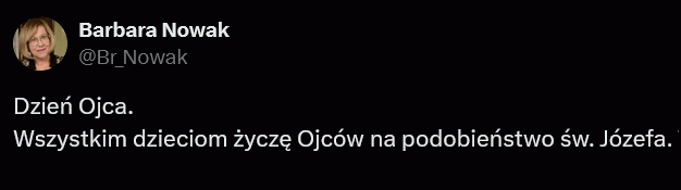 W tym miejscu warto zwrócić uwagę, że święty Józef wychowywał nie swoje dziecko, więc takie życzenia dla wszystkich dzieci są chyba nieco niezręczne –  Barbara Nowak @Br_Nowak Dzień Ojca. Wszystkim dzieciom życzę Ojców na podobieństwo św. Józefa.