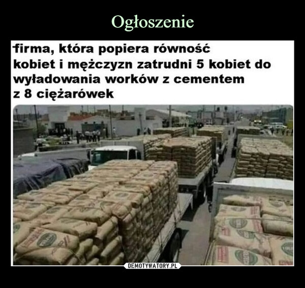  –  firma, która popiera równośćkobiet i mężczyzn zatrudni 5 kobiet dowyładowania worków z cementemz 8 ciężarówekROLTECA1999