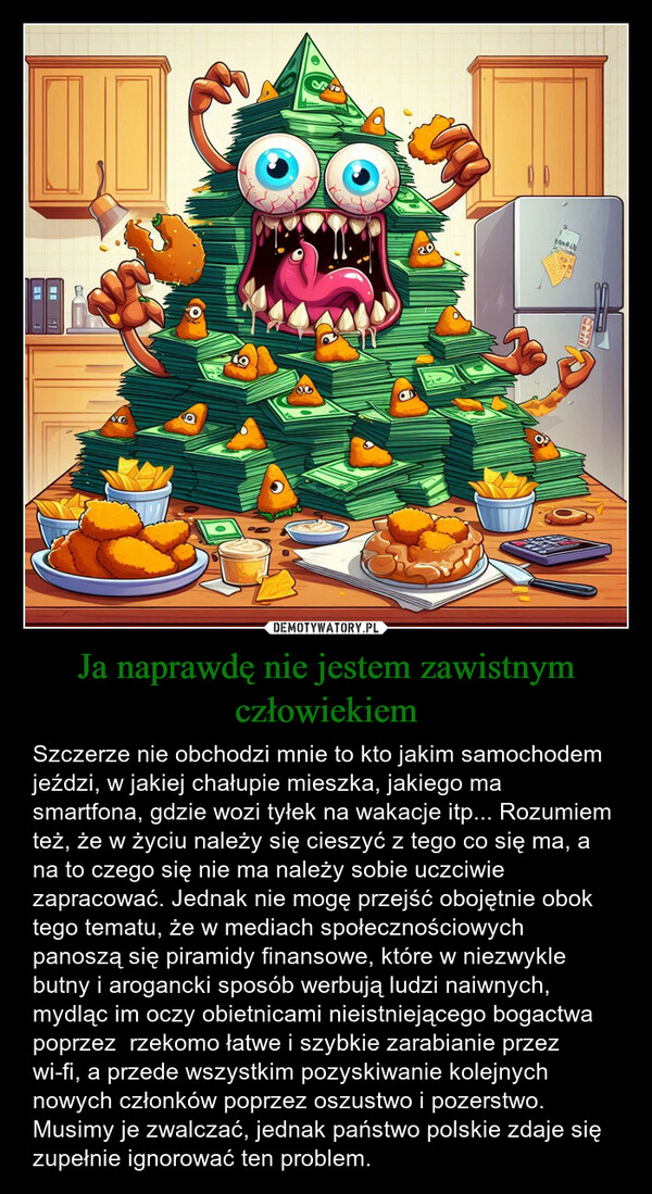 Ja naprawdę nie jestem zawistnym człowiekiem – Szczerze nie obchodzi mnie to kto jakim samochodem jeździ, w jakiej chałupie mieszka, jakiego ma smartfona, gdzie wozi tyłek na wakacje itp... Rozumiem też, że w życiu należy się cieszyć z tego co się ma, a na to czego się nie ma należy sobie uczciwie zapracować. Jednak nie mogę przejść obojętnie obok tego tematu, że w mediach społecznościowych panoszą się piramidy finansowe, które w niezwykle butny i arogancki sposób werbują ludzi naiwnych, mydląc im oczy obietnicami nieistniejącego bogactwa poprzez  rzekomo łatwe i szybkie zarabianie przez wi-fi, a przede wszystkim pozyskiwanie kolejnych nowych członków poprzez oszustwo i pozerstwo. Musimy je zwalczać, jednak państwo polskie zdaje się zupełnie ignorować ten problem. bana