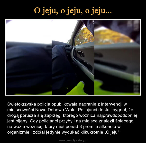  – Świętokrzyska policja opublikowała nagranie z interwencji w miejscowości Nowa Dębowa Wola. Policjanci dostali sygnał, że drogą porusza się zaprzęg, którego woźnica najprawdopodobniej jest pijany. Gdy policjanci przybyli na miejsce znaleźli śpiącego na wozie woźnicę, który miał ponad 3 promile alkoholu w organizmie i zdołał jedynie wydukać kilkukrotnie „O jeju” 