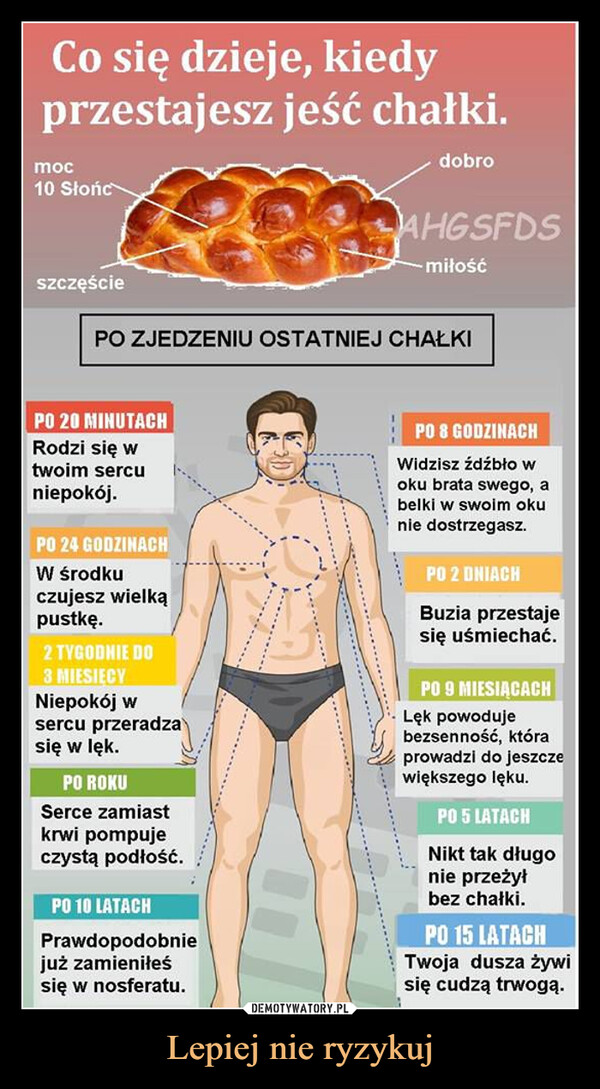 Lepiej nie ryzykuj –  Co się dzieje, kiedyprzestajesz jeść chałki.moc10 SłońcdobroAHGSFDS-miłośćszczęściePO ZJEDZENIU OSTATNIEJ CHAŁKIPO 20 MINUTACHRodzi się wtwoim sercuniepokój.PO 24 GODZINACHW środkuczujesz wielkąpustkę.2 TYGODNIE DO3 MIESIĘCYNiepokój wsercu przeradzasię w lęk.PO ROKUSerce zamiastkrwi pompujeczystą podłość.PO 10 LATACHPrawdopodobniejuż zamieniłeśsię w nosferatu.PO 8 GODZINACHWidzisz źdźbło woku brata swego, abelki w swoim okunie dostrzegasz.PO 2 DNIACHBuzia przestajesię uśmiechać.PO 9 MIESIĄCACHLęk powodujebezsenność, któraprowadzi do jeszczewiększego lęku.PO 5 LATACHNikt tak długonie przeżyłbez chałki.PO 15 LATACHTwoja dusza żywisię cudzą trwogą.