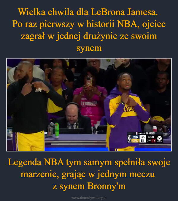 Legenda NBA tym samym spełniła swoje marzenie, grając w jednym meczu z synem Bronny'm –  136STRONGERKERTIP OFF 2024MIN354:00TNTLAL512ND 14