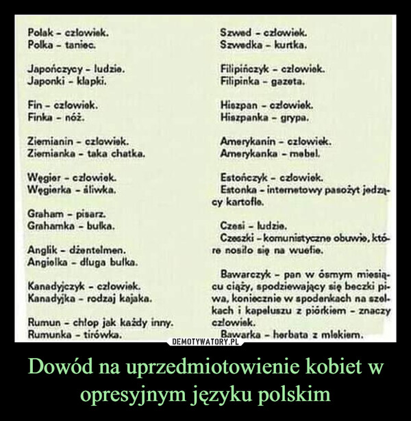 Dowód na uprzedmiotowienie kobiet w opresyjnym języku polskim –  Polak - czlowiek.Polka - taniec.Japończycy ludzie.Japonki - klapki.Fin - czlowiek.Finka - nóż.Ziemianin - czlowiek.Ziemianka - taka chatka.Węgier - człowiek.Wegierka-sliwka.Graham - pisarz.Grahamka- bulka.Anglik džentelmen.Angiolka - dluga bulka.Kanadyjczyk - człowiek.Kanadyjka - rodzaj kajaka.Rumun - chlop jak każdy inny.Rumunka- tirówka.Szwed - czlowiek.Szwedka - kurtka.Filipińczyk człowiek.Filipinka - gazeta.Hiszpan- człowiek.Hiszpanka- grypa.Amerykanin - czlowiek.Amerykanka-mebel.Estończyk - człowiek.Estonka - internetowy pasożyt jedzący kartofle.Czesi - ludzie.Czeszki-komunistyczne obuwie, które nosiło się na wuefie.Bawarczyk- pan w ósmym miesią-cu ciąży, spodziewający się beczki pi-wa, koniecznie w spodenkach na szel-kach i kapeluszu z piórkiem - znaczyczłowiek.Bawarka-herbata z mlekiem.