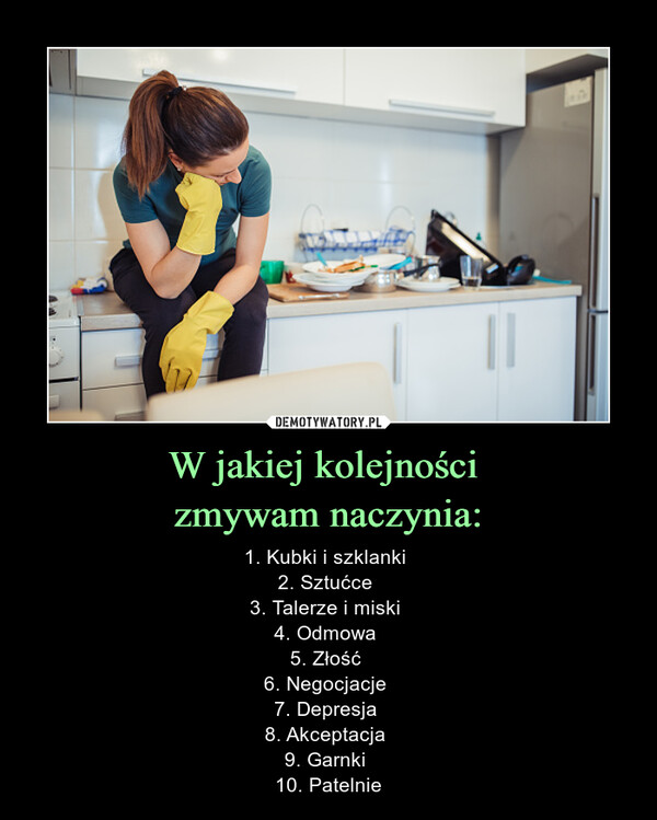 W jakiej kolejności zmywam naczynia: – 1. Kubki i szklanki 2. Sztućce 3. Talerze i miski 4. Odmowa 5. Złość 6. Negocjacje 7. Depresja 8. Akceptacja 9. Garnki 10. Patelnie 