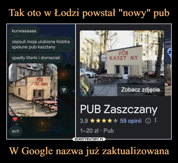 W Google nazwa już zaktualizowana –  ku waaaaaazepsuli moja ulubiona łódzkaspelune pub kasztanyspadły literki i domazialiPUBZASZCZANYPUBKASZT NY13echZobacz zdjęciaPUB Zaszczany3,9 ★★★★★ 59 opinii ①:1-20 zł - Pub"