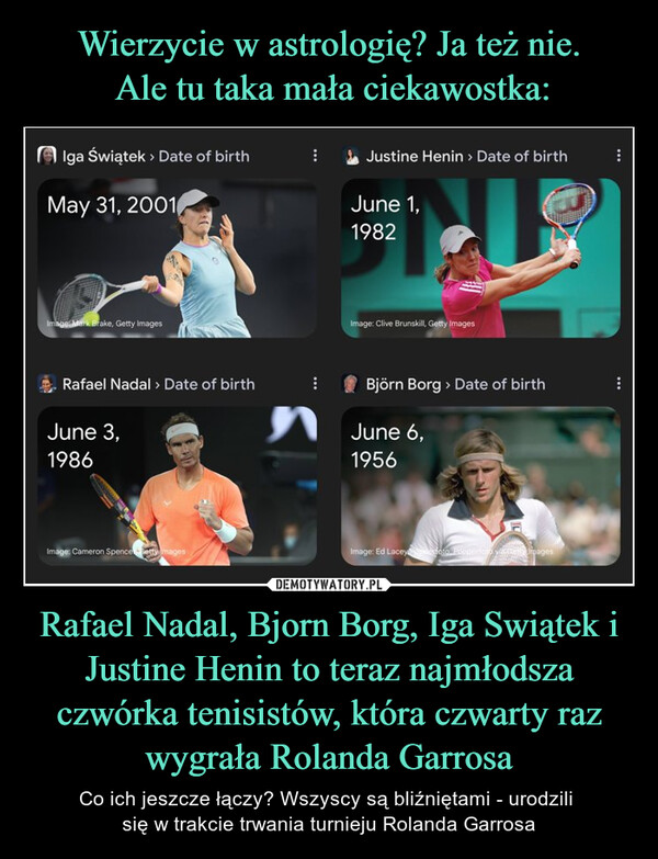 Rafael Nadal, Bjorn Borg, Iga Swiątek i Justine Henin to teraz najmłodsza czwórka tenisistów, która czwarty raz wygrała Rolanda Garrosa – Co ich jeszcze łączy? Wszyscy są bliźniętami - urodzili się w trakcie trwania turnieju Rolanda Garrosa Iga Świątek > Date of birthMay 31, 2001Justine Henin > Date of birthJune 1,1982Images Mark Brake, Getty ImagesImage: Clive Brunskill, Getty ImagesRafael Nadal > Date of birthJune 3,1986Björn Borg > Date of birthJune 6,1956Image: Cameron Spence Getty ImagesImage: Ed Laceypsfoto Popperforo ethpages