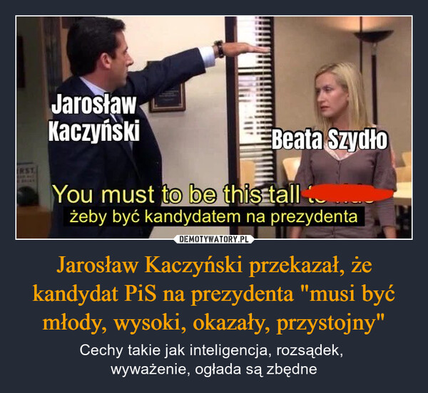 Jarosław Kaczyński przekazał, że kandydat PiS na prezydenta "musi być młody, wysoki, okazały, przystojny" – Cechy takie jak inteligencja, rozsądek, wyważenie, ogłada są zbędne JarosławKaczyńskiERSTBeata SzydłoYou must to be this tallżeby być kandydatem na prezydenta