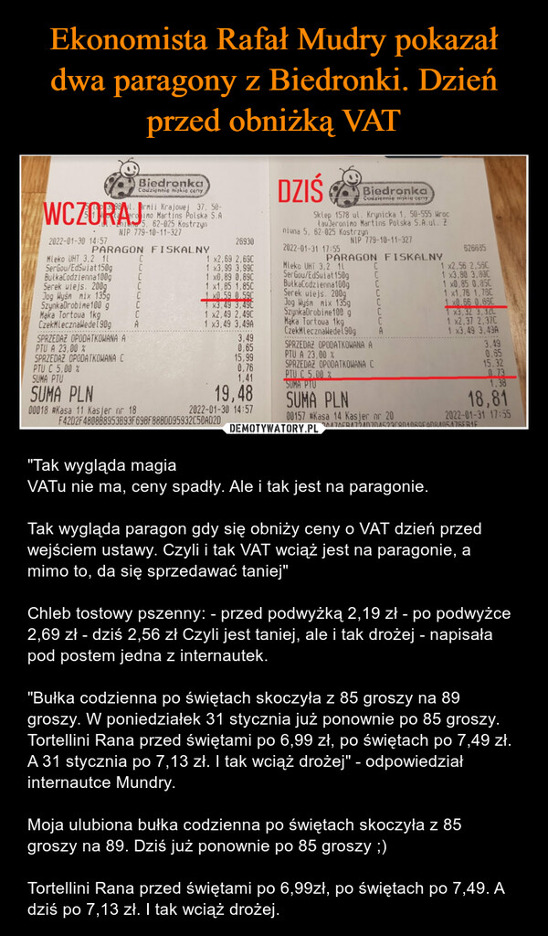  – "Tak wygląda magia VATu nie ma, ceny spadły. Ale i tak jest na paragonie.Tak wygląda paragon gdy się obniży ceny o VAT dzień przed wejściem ustawy. Czyli i tak VAT wciąż jest na paragonie, a mimo to, da się sprzedawać taniej"Chleb tostowy pszenny: - przed podwyżką 2,19 zł - po podwyżce 2,69 zł - dziś 2,56 zł Czyli jest taniej, ale i tak drożej - napisała pod postem jedna z internautek."Bułka codzienna po świętach skoczyła z 85 groszy na 89 groszy. W poniedziałek 31 stycznia już ponownie po 85 groszy. Tortellini Rana przed świętami po 6,99 zł, po świętach po 7,49 zł. A 31 stycznia po 7,13 zł. I tak wciąż drożej" - odpowiedział internautce Mundry.Moja ulubiona bułka codzienna po świętach skoczyła z 85 groszy na 89. Dziś już ponownie po 85 groszy ;)Tortellini Rana przed świętami po 6,99zł, po świętach po 7,49. A dziś po 7,13 zł. I tak wciąż drożej. 