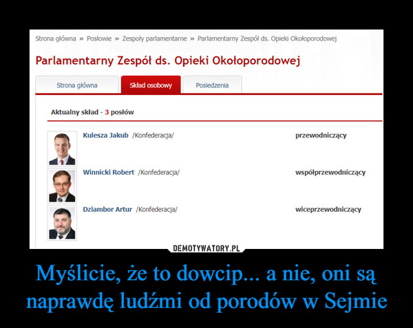 Myślicie, że to dowcip... a nie, oni są naprawdę ludźmi od porodów w Sejmie –  Parlamentarny Zespół ds. Opieki OkołoporodowejKulesza Jakub /Konfederacja/Winnicki Robert /Konfederacja/Dziambor Artur /Konfederacja/przewodniczącywspółprzewodniczącywiceprzewodniczący